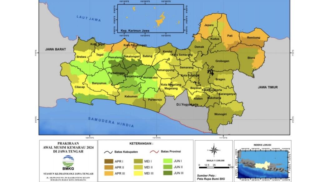 Peta prakiraan awal musim kemarau 2024 di Jateng yang disusun BMKG. (istimewa)